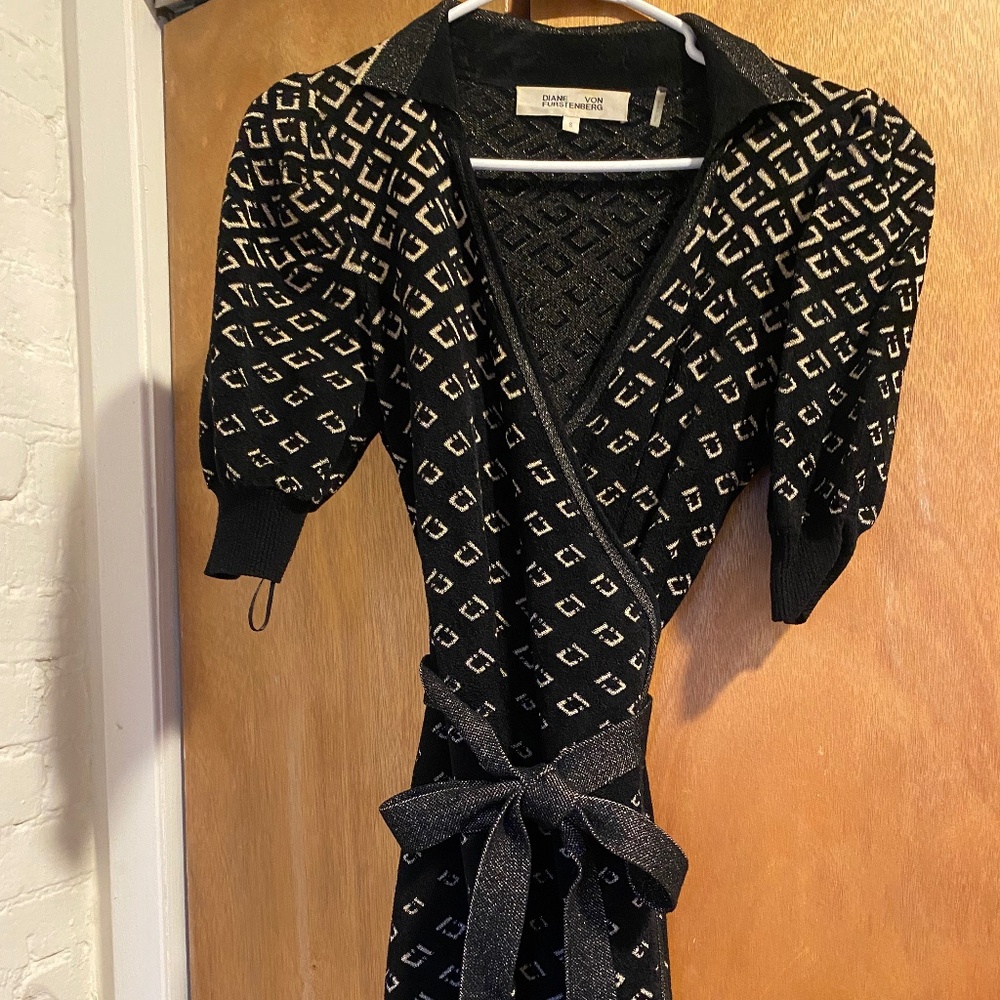 Diane Von Furstenberg Black and Gold Wrap Dress